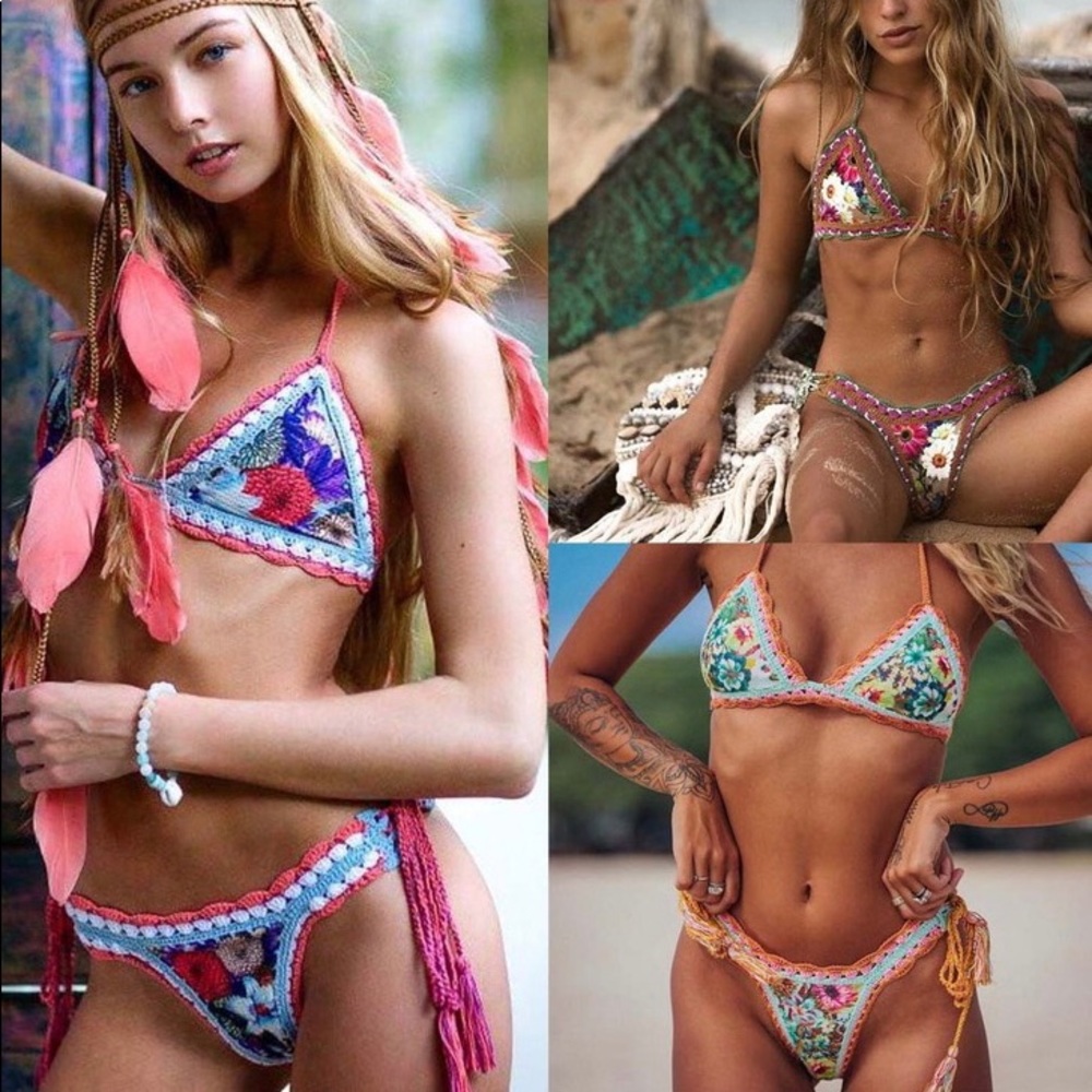 Hippie Hooray Boho Gypsy Floral Crochet Bikini - Picture 6 of 6